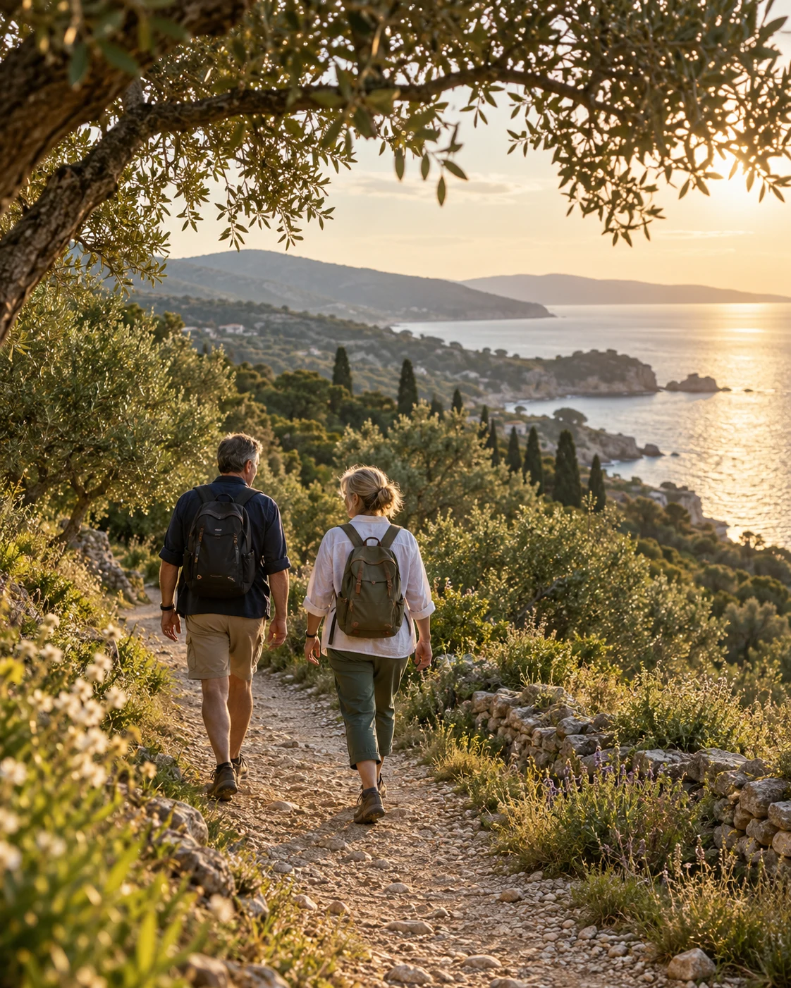 Two adults walking together on a sunlit countryside path